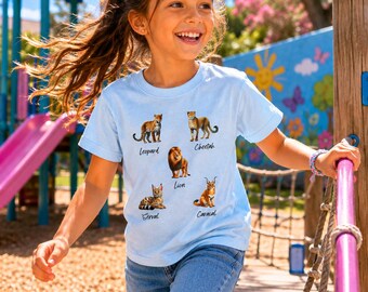 Maglietta per bambini con tema grandi felini africani / Leone, leopardo, ghepardo, serval, caracal