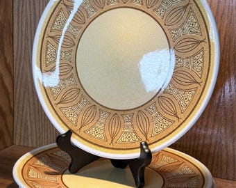 Mid-Century Brown & Gold Geometric Atomic Onion Dinner Plates | Set of 4 | Taylor Smith Taylor Ironstone | Boho MCM Tablescape Decor