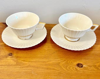 Lenox Cretan Bone China Cup and Saucer Set: Gold Greek Key, Scalloped Edge | Grecian Teacups