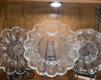 Vintage Deviled Egg Plate Collection - Set of 3 - Clear Pressed Sandwich Glass