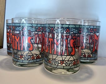 Merry Christmas Stained Glass Bar Glasses, Holiday Barware | Set of 4 Double Old Fashioned | Cera Houzz