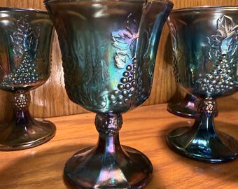Blue Iridescent Carnival Glass Stemmed Wine Glasses or Water Goblets - Set of 4 - MCM Depression Glass
