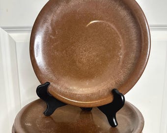Frankoma Lazy Bones Brown Satin Dinner Plates - Set of 4 - MCM 1970s 1980s - Yin Yang Swirl - VGVC