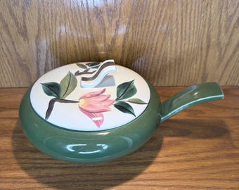 Redwing Pottery Blossom Time Covered Skillet Shaped Casserole Dish with Lid | Green Hand Painted Porcelain | Mid-Century Floral