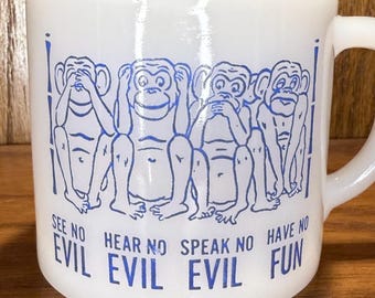 Milk Glass See No Evil Hear No Evil Speak No Evil Have No Fun Monkeys | Blue on White | Federal Glass | Milkglass Coffee Mug | Funny Humor
