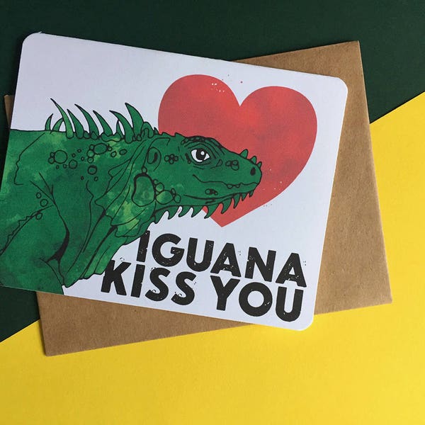 Iguana Kiss You card | Reptile Party | I Love You Card | Weird Valentine | Funny Anniversary Card | Animal Pun Cards