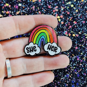 Glittery Rainbow & Clouds Enamel Pronoun Pin