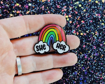 Glittery Rainbow & Clouds Enamel Pronoun Pin