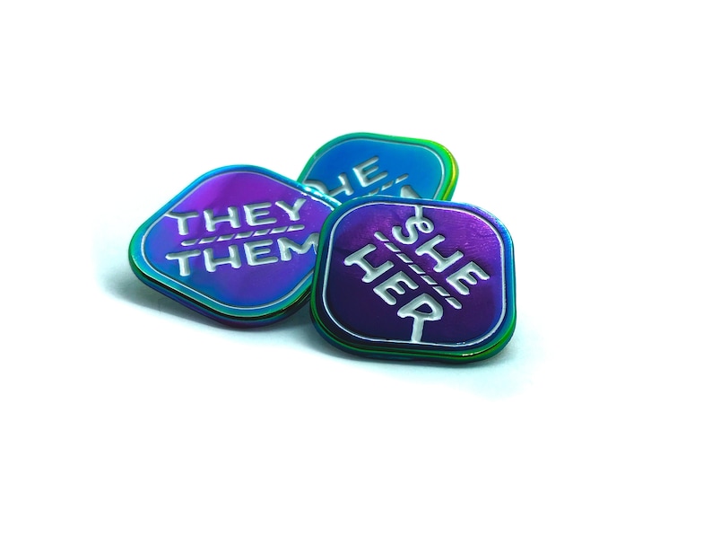 Pronoun Pins Rainbow Metal Trans Lapel Pin They/Them She/They He/They She/Her He/Him Pronouns image 1