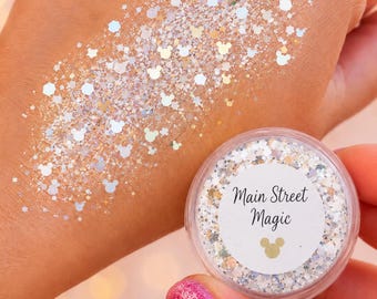 Main Street Magic Face Hair Body Glitter | White Silver Gold Glitter Balm | Mouse Ear Confetti | Theme Park Festival Sparkle