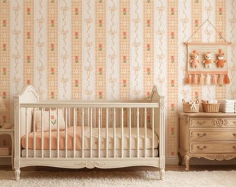 Peach Gingham Stripe Wallpaper, Vintage French Country Floral Mural (Peel and Stick)