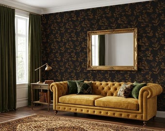 Dark Botanical Wallpaper, Gold Line Art Mural, Art Deco Wall Decor (Peel and Stick)