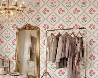 Cottagecore Tulip Trellis Wallpaper, Pastel Pink Floral Lattice Wall Mural (Peel and Stick)