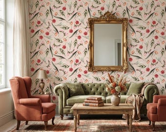 Watercolor Floral Wallpaper, Botanical Meadow Wall Mural, Peel and Stick Cottage Art