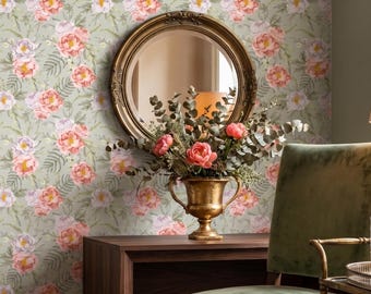 Watercolor Peony Floral Wallpaper, Vintage Botanical Wall Mural (Peel and Stick)