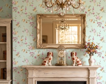 Shabby Chic English Rose Floral Wallpaper, Pastel Blue Nursery Removable Decor