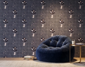 Dark Celestial Nursery Wallpaper, Moon Star Hot Air Balloon Mural, Gender Neutral Baby Room