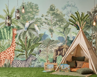 Watercolor Safari Animals Wall Mural, Jungle Nursery Wallpaper, Kids Room Decor (Peel and Stick)