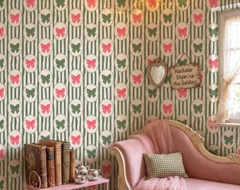 Striped Bow Wallpaper, Pink Green Floral, Cottagecore Peel and Stick (Mural)