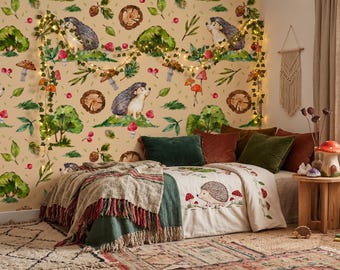 Watercolor Hedgehog Woodland Wallpaper, Beige Forest Nursery Mural (Peel and Stick)