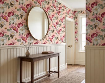 Vintage Peony Butterfly Floral Wallpaper, Dusty Pink Botanical Mural (Peel and Stick)