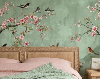 Sage Green Chinoiserie Wallpaper, Floral Bird Wall Mural, Botanical Peel Stick Decor