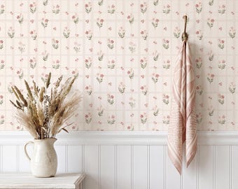 Vintage Floral Wallpaper, Soft Pink Grid, Peel and Stick Botanical Decor