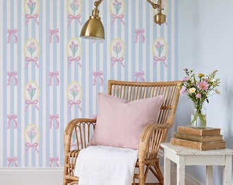 Coquette Bow Tulip Wallpaper, Pastel Blue Stripes, Vintage Medallion Nursery Pattern (Peel and Stick)