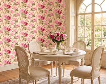 Victorian Floral Wallpaper, English Rose Cottage Nursery Mural (Peel and Stick)