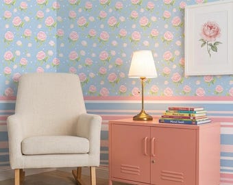Floral Nursery Wallpaper, Pink Roses, Blue Stripes, Removable Boho Wall Art