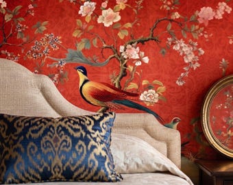 Red Chinoiserie Wallpaper, Exotic Bird Floral Mural, Asian Inspired Decor (Peel and Stick)