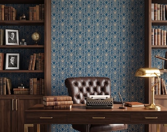 Art Deco Geometric Wallpaper, Gold Navy Fan Mural, Luxury Gatsby Style (Peel & Stick)
