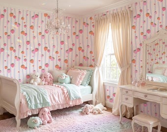 Pastel Strawberry Striped Wallpaper, Whimsical Kids Room Mural (Peel and Stick)