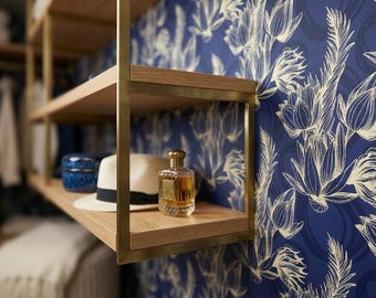 Royal Blue Floral Wallpaper, Gold Botanical Wall Mural, Luxury Peel and Stick