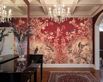 Red Ombre Chinoiserie Wallpaper, Floral Bird Mural, Botanical Peel and Stick Home Decor