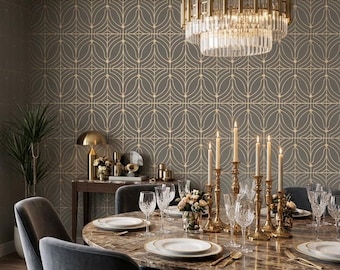 Art Deco Geometric Wallpaper, Gold Navy Wall Mural (Peel and Stick)