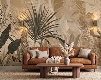 Sepia Tropical Leaf Mural, Beige Botanical Boho Wallpaper (Peel and Stick)