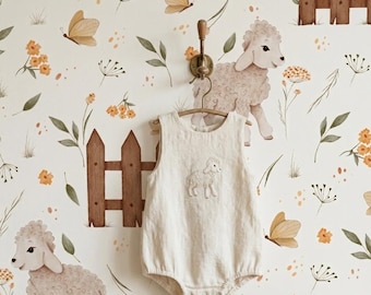 Lamb Nursery Wallpaper, Farm Animal Peel and Stick Wall Mural, Gender Neutral Baby Room