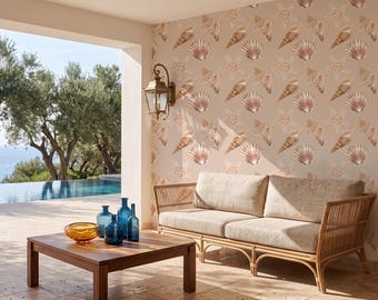Seashell Starfish Wallpaper, Beach House Wall Decor, Peel and Stick Mural
