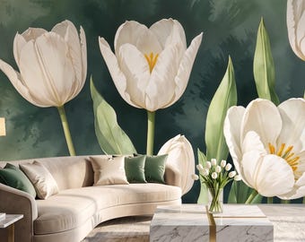 White Tulip Botanical Mural, Sage Green Floral Peel and Stick Wallpaper