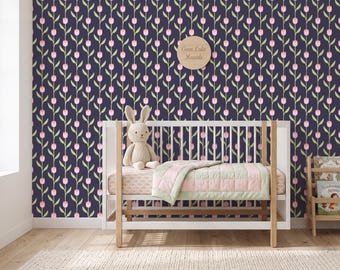 Dark Floral Wallpaper, Vertical Tulip Pattern, Nursery Wall Decor, Modern Botanical Peel and Stick
