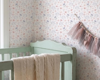 Watercolor Floral Wallpaper, Pastel Wildflower Nursery Decor, Peel and Stick Botanical Wall Mural