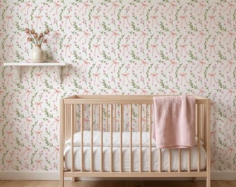 Pastel Floral Bow Wallpaper, Romantic Cottagecore Nursery Mural (Peel and Stick)