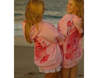 Pink Palm Puff Embroidered Hoodie, Everything Comes In Waves Pullover, Gift For Daughter