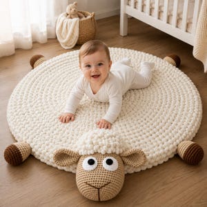 May include: A round, cream-colored, chunky knit play mat shaped like a sheep. The mat features a textured, circular body with four brown and tan crocheted feet and a sheep head with large white and black eyes, floppy ears, and a tuft of wool.