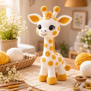 May include: A handmade crochet giraffe toy in white and yellow. The giraffe has large, expressive eyes, yellow spots, and a small yellow flower on its head. The toy is sitting on a table with yarn and crochet hooks nearby.