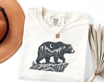 Comfort Colors Celestial Bear Shirt, Vintage Mountains Forest T-Shirt 1717, Retro Grizzly Bear Moon Wildlife Women Graphic Tee