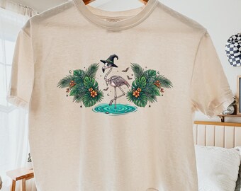 Comfort Colors Spooky Tropical Crop Top, Vintage Halloween Flamingo Skeleton T-Shirt 3023CL, Witch Hat Monstera Leaf Women Graphic Tee
