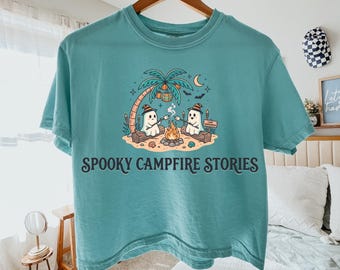Spooky Campfire Stories Shirt Comfort Colors 3023 Cropped Tee Summerween Ghost Camping T-Shirt Vintage Retro Beach Halloween Graphic Top
