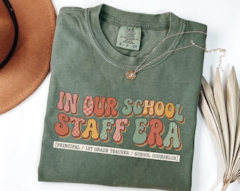 Custom School Staff Era Shirt, Personalized Teacher T-Shirt 1717, Retro Groovy Principal Counselor Custom Role Women Graphic Tee